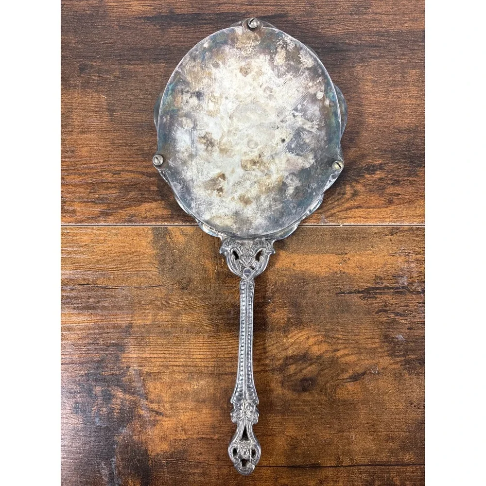 Vintage Ornate Silver Tone Handheld Vanity Mirror Embossed Floral Scrollwork